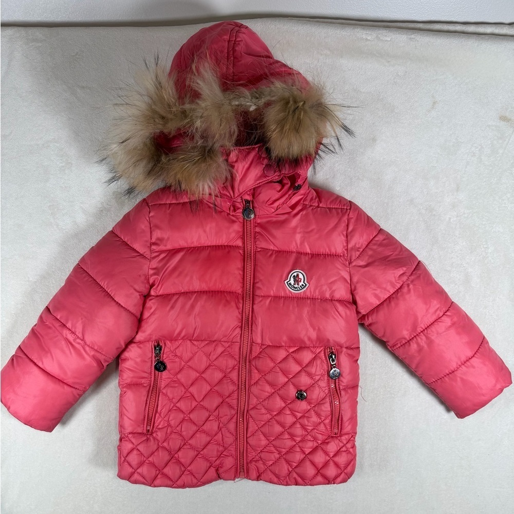 Moncler Pink Quilted Kids Size XL US 5T Jacket with Fur Trim Luxury Designer - Picture 1 of 11